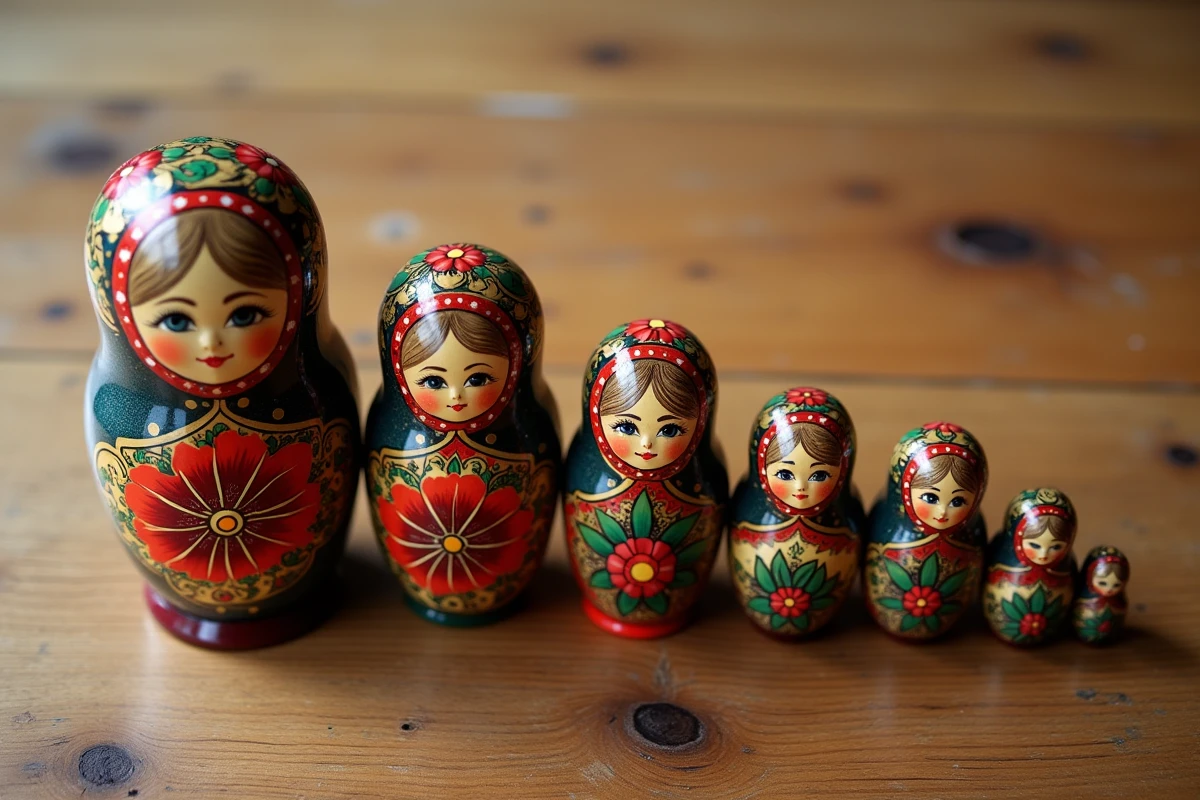 Comparaison entre matriochkas artisanales authentiques et souvenirs bas de gamme alignés sur une table en bois