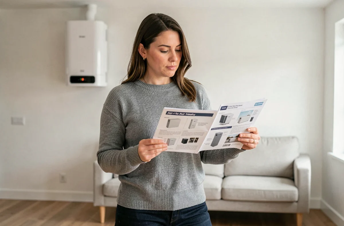 Femme comparant des brochures de pompes à chaleur air-air dans un salon moderne avec unité intérieure visible