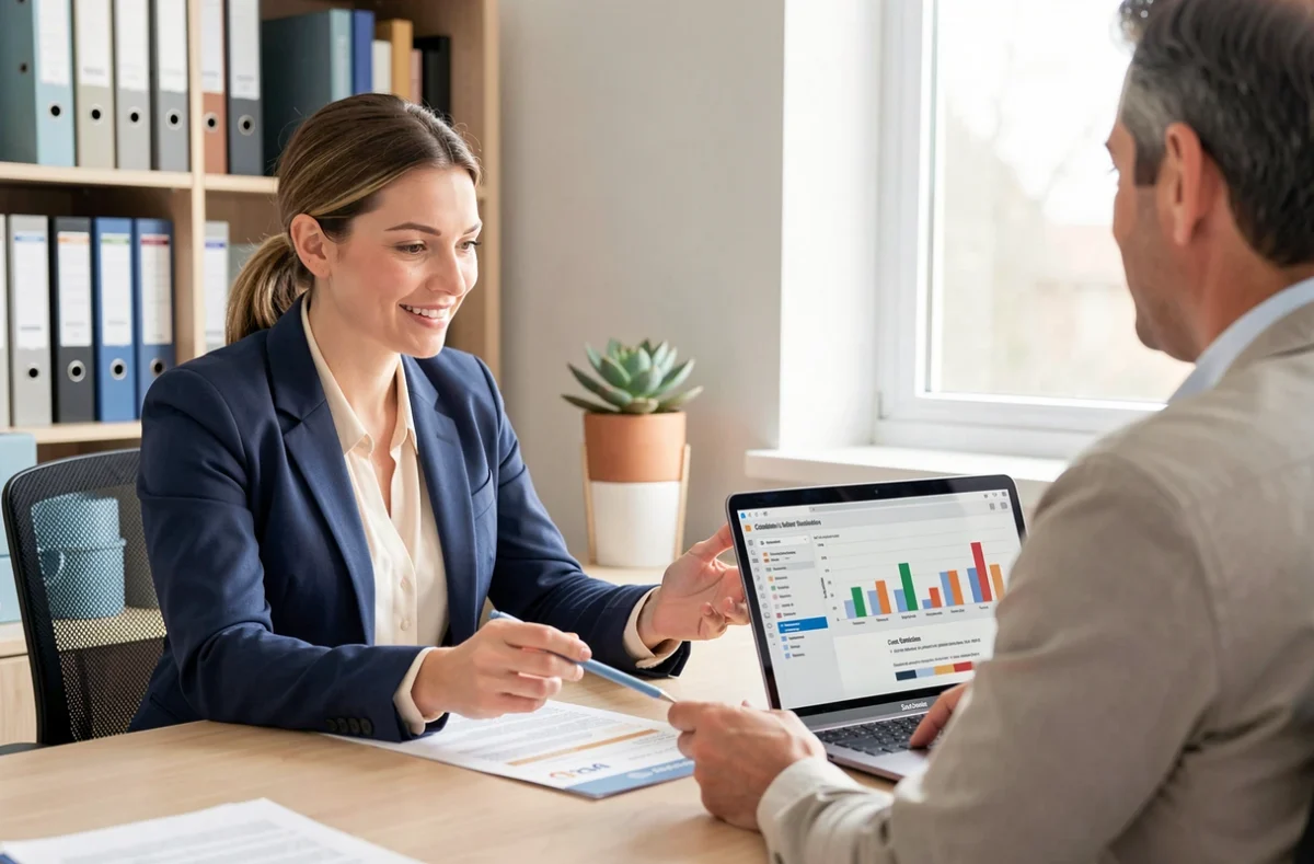 Conseillère en énergie présentant une simulation de financement CEE pour une pompe à chaleur à un propriétaire