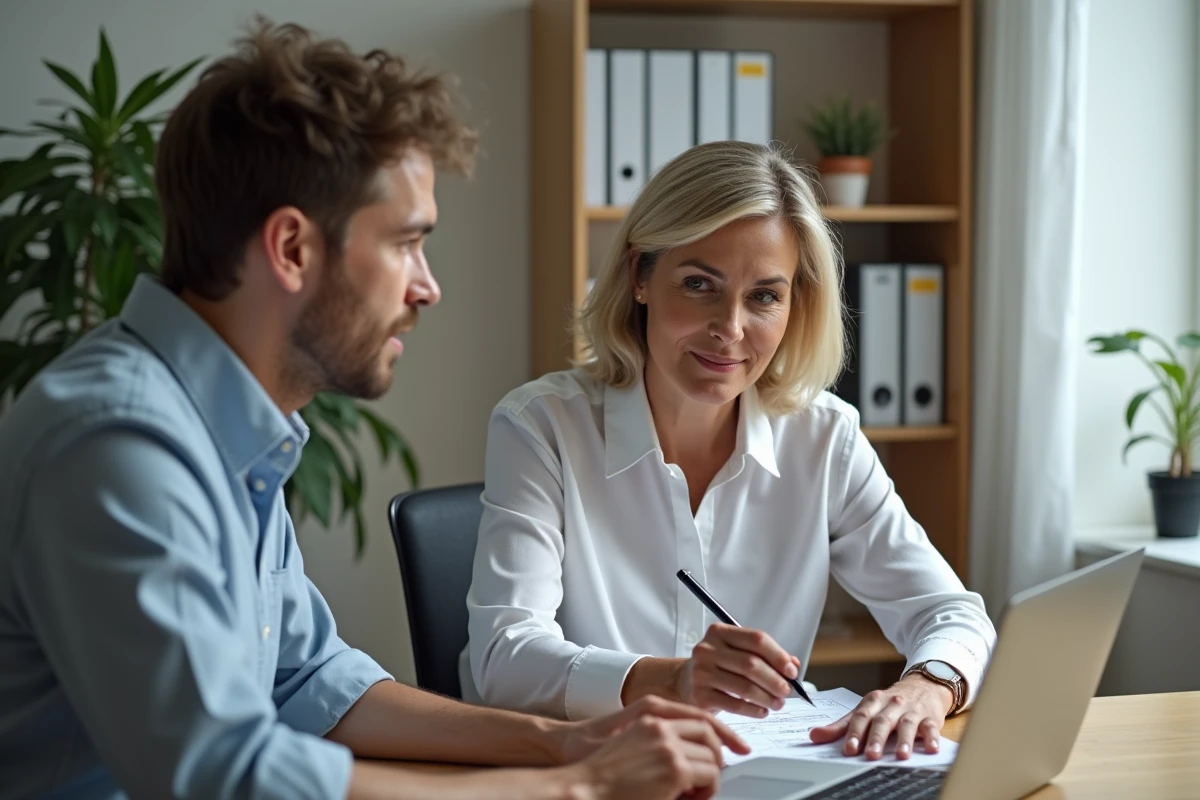 Conseillère en travaux expliquant une estimation de rénovation à un primo-accédant dans un bureau professionnel