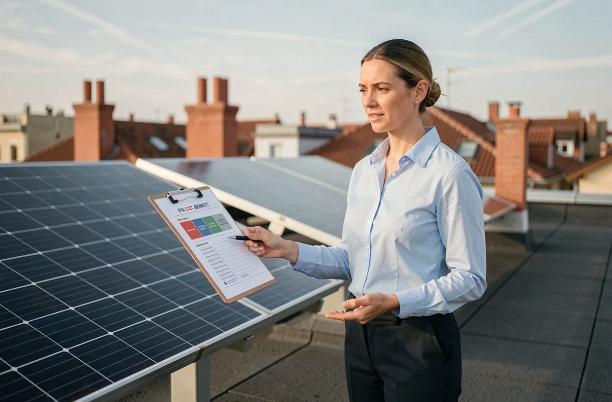 Consultante en énergie solaire présentant une analyse coût-bénéfice d'un panneau tracker tournesol sur un toit urbain