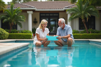 Femme et homme examinent des échantillons de liner piscine