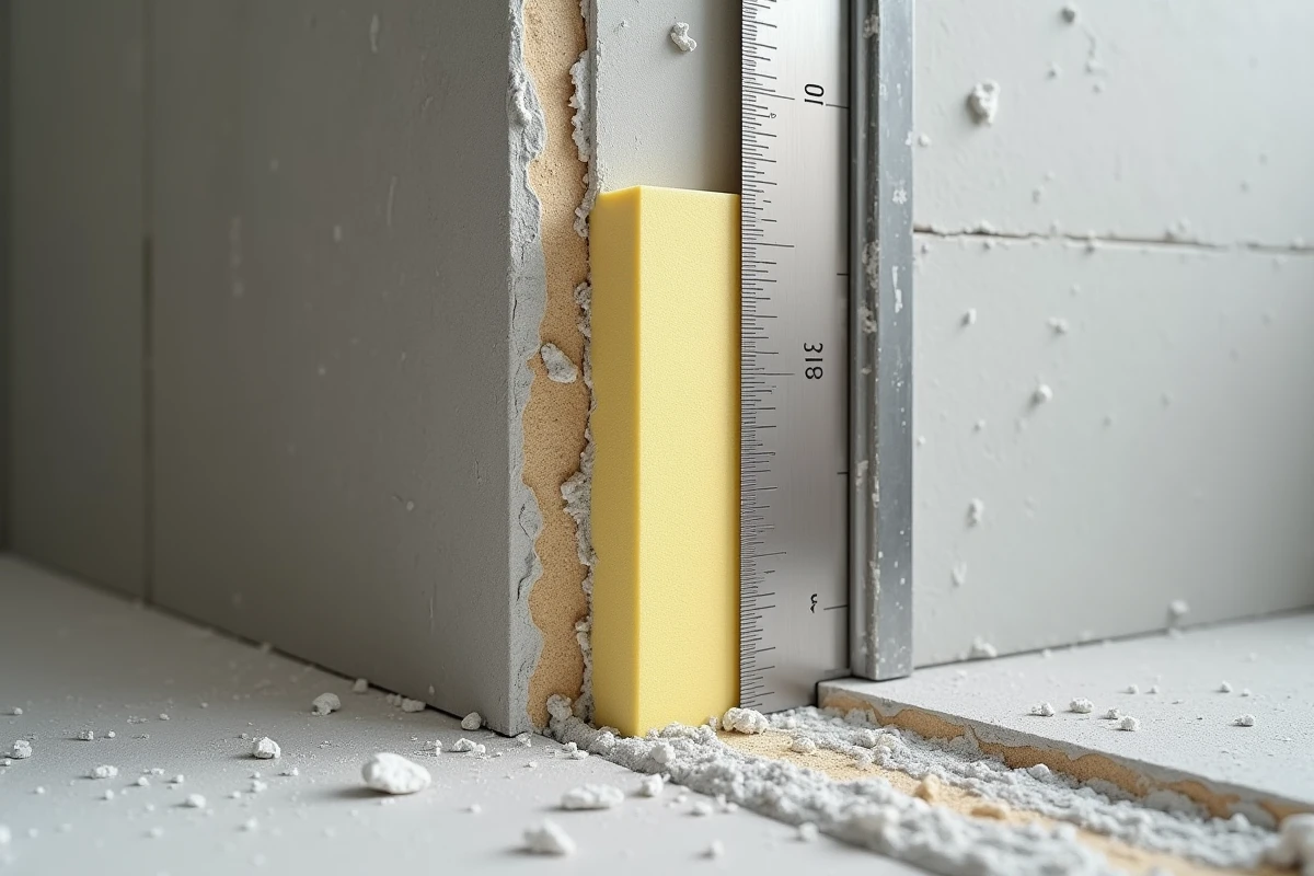 Coupe transversale d'un mur intérieur isolé montrant les différentes couches et l'épaisseur de l'isolant