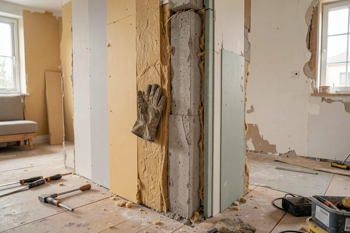Coupe transversale d'un mur de refends avec isolation acoustique en laine minérale lors d'une rénovation