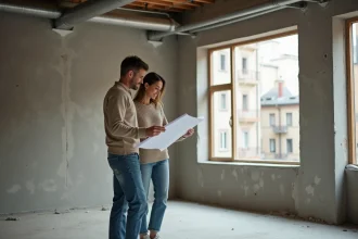 Couple de jeunes acheteurs examinant les plans de rénovation dans un appartement vide avec travaux à rénover