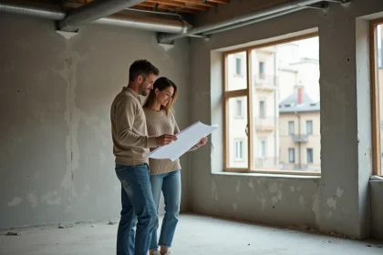 Couple de jeunes acheteurs examinant les plans de rénovation dans un appartement vide avec travaux à rénover