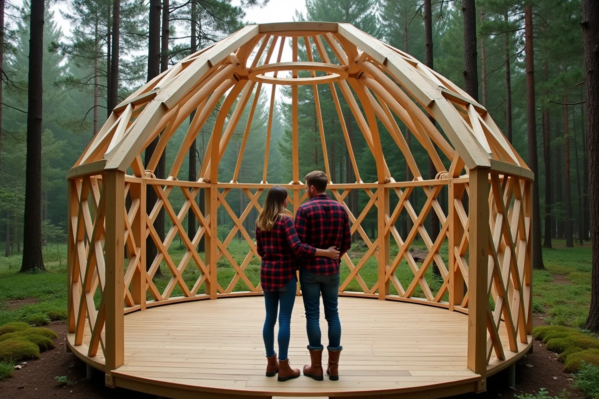 Couple installant le cadre en bois d'une yourte traditionnelle dans une clairière forestière, projet d'autoconstruction économique