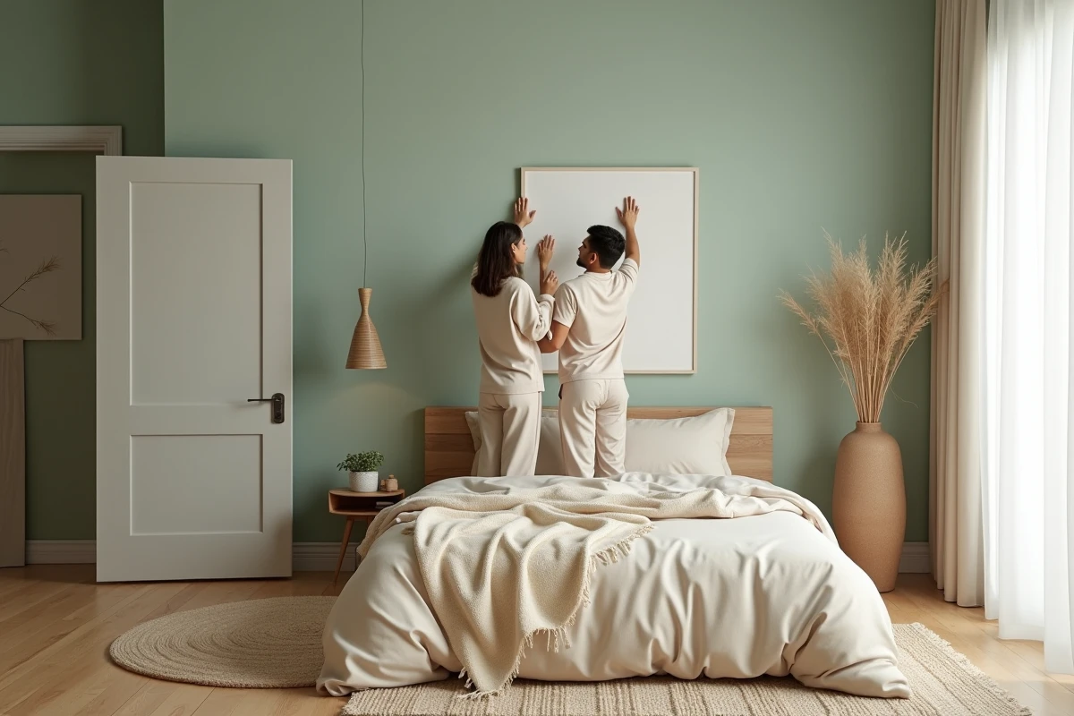 Jeune couple arrangeant des &oelig;uvres d