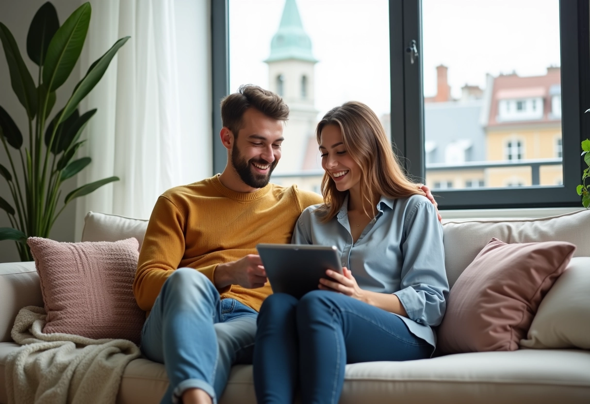 Jeune couple discute design interieur avec decoratrice