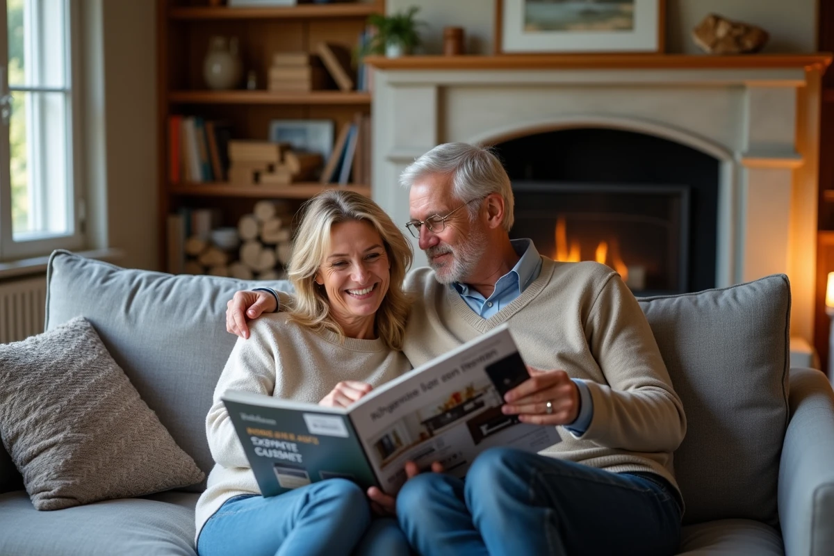 Couple discutant de l'achat d'un foyer connecté dans un salon familial chaleureux avec cheminée traditionnelle rénovée