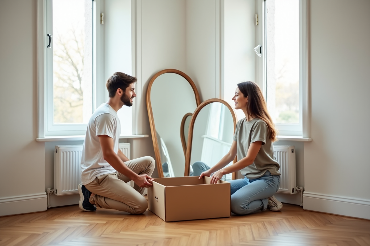 Jeune couple choisissant des miroirs dans un appartement lumineux