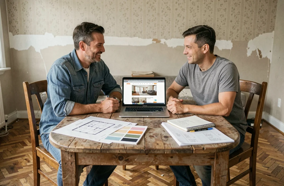 Couple planifiant une rénovation maison avec budget et plans sur ordinateur portable