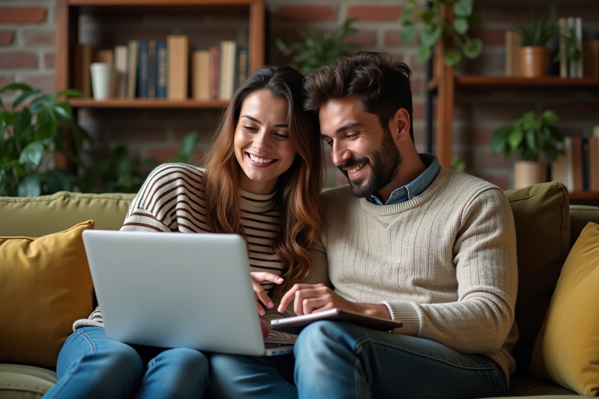 Couple discutant de projets de rénovation maison devant un ordinateur portable avec devis en ligne dans un salon cosy