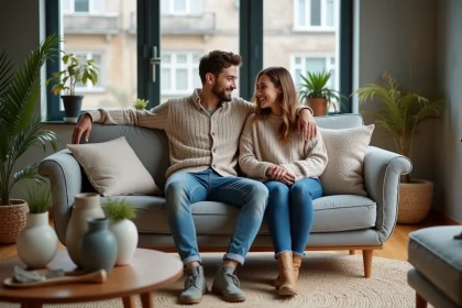 Jeune couple assis dans un salon moderne et cosy