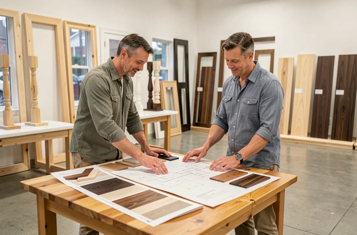Couple consultant des échantillons de bois et des plans dans un showroom de menuiserie sur mesure