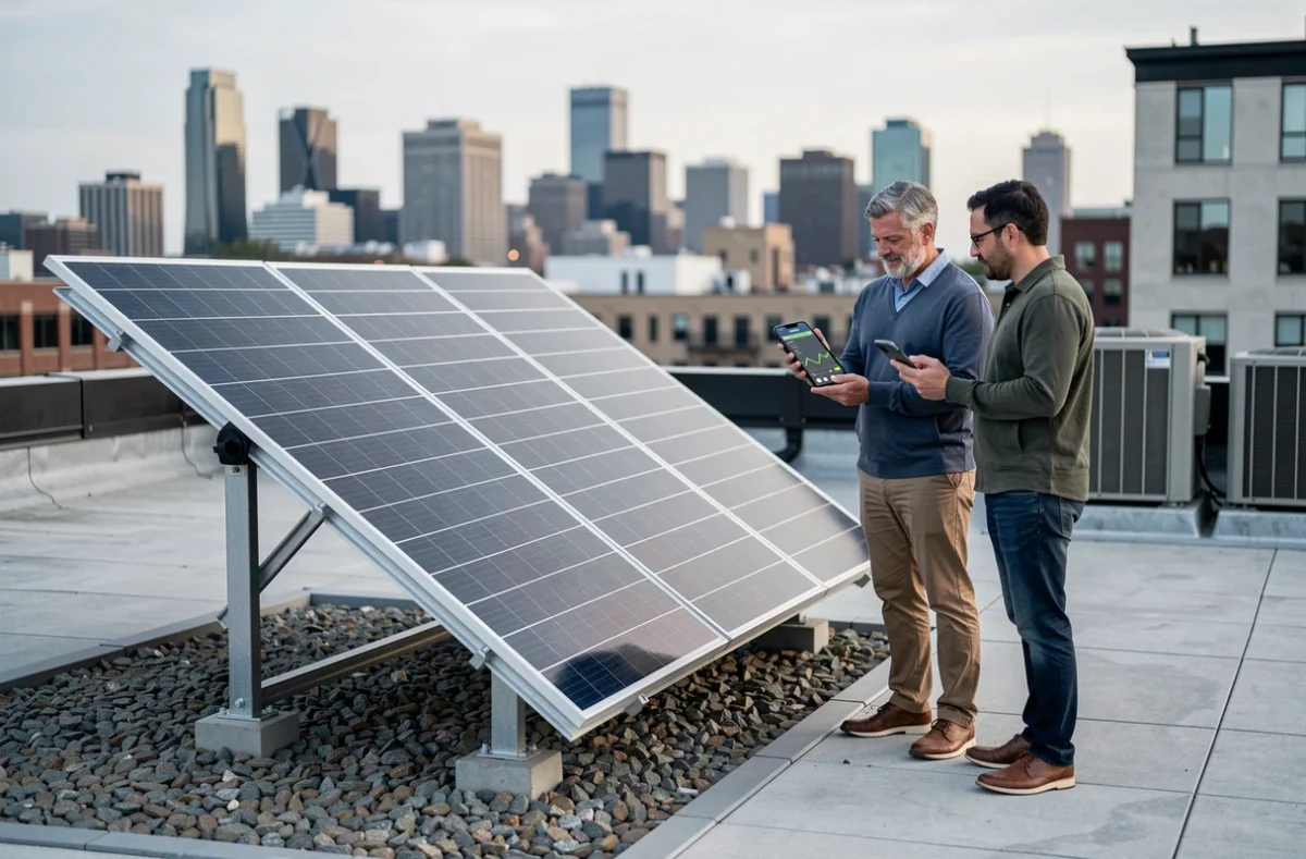 Un couple vérifie leur installation de panneaux solaires DIY sur un toit terrasse urbain