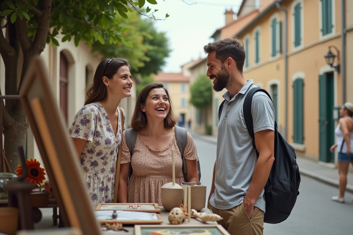 Jeune couple négociant avec une vendeuse lors d'un vide grenier de quartier dans une rue résidentielle de Montpellier