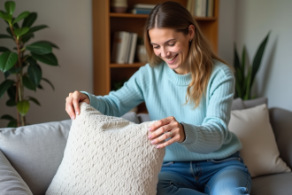 Femme souriante installant un coussin dans une housse
