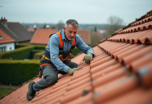 Prix refaire toiture tuile : coût et budget travaux toiture expliqués Ouvrier couvreur posant des tuiles en terre cuite sur un toit en pente