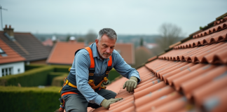 Prix refaire toiture tuile : coût et budget travaux toiture expliqués Ouvrier couvreur posant des tuiles en terre cuite sur un toit en pente