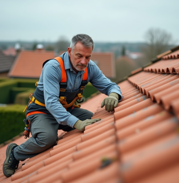 Prix refaire toiture tuile : coût et budget travaux toiture expliqués Ouvrier couvreur posant des tuiles en terre cuite sur un toit en pente
