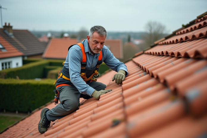 couv-toit-ardoise-ouvrier Ouvrier couvreur posant des tuiles en terre cuite sur un toit en pente
