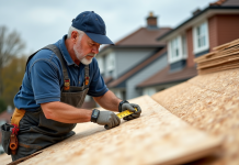 Toiture : OSB ou contreplaqué, quel matériau choisir ? Ouvrier couvreur inspectant un panneau OSB sur le toit
