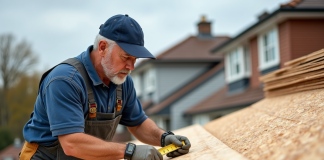 Toiture : OSB ou contreplaqué, quel matériau choisir ? Ouvrier couvreur inspectant un panneau OSB sur le toit