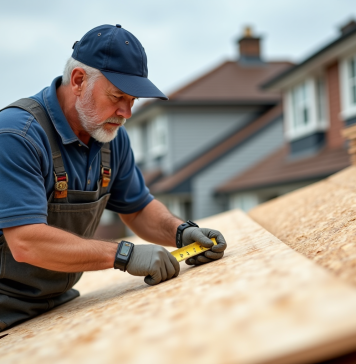 Toiture : OSB ou contreplaqué, quel matériau choisir ? Ouvrier couvreur inspectant un panneau OSB sur le toit