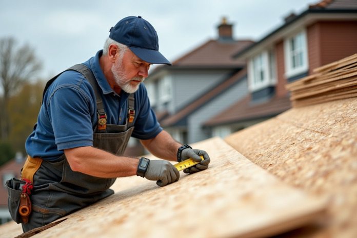 couv-toiture-osb-macon Ouvrier couvreur inspectant un panneau OSB sur le toit
