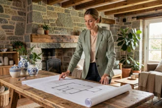 Décoratrice d'intérieur bretonne étudiant des plans architecturaux dans une maison en pierre rénovée avec poutres apparentes et mobilier contemporain