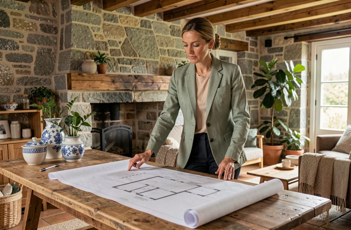 Décoratrice d'intérieur bretonne étudiant des plans architecturaux dans une maison en pierre rénovée avec poutres apparentes et mobilier contemporain
