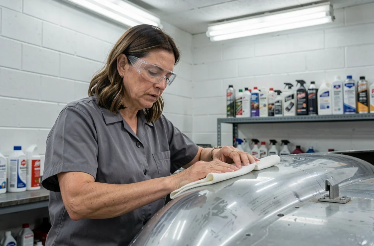 Femme dégraissant une pièce métallique courbée avec un chiffon avant application d'adhésif plastique