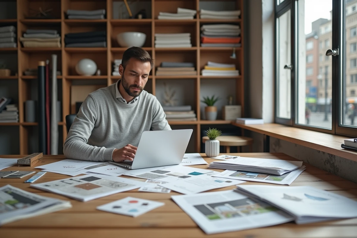 Designer d'intérieur masculin travaillant sur un budget de rénovation avec échantillons et plans dans son studio