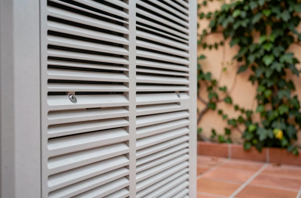 Détail des grilles de ventilation d'un cache pompe à chaleur double en résine composite avec texture et finition réalistes