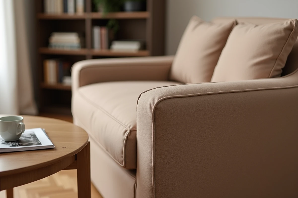 Détail du coin d'un fauteuil d'angle recouvert d'une housse extensible taupe bien ajustée sur parquet en point de Hongrie