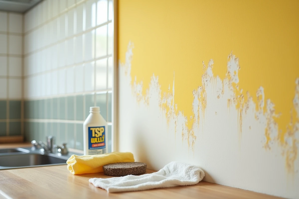 Détail d'un mur en cours de lessivage montrant le contraste entre surface propre et zone encrassée avant application de peinture