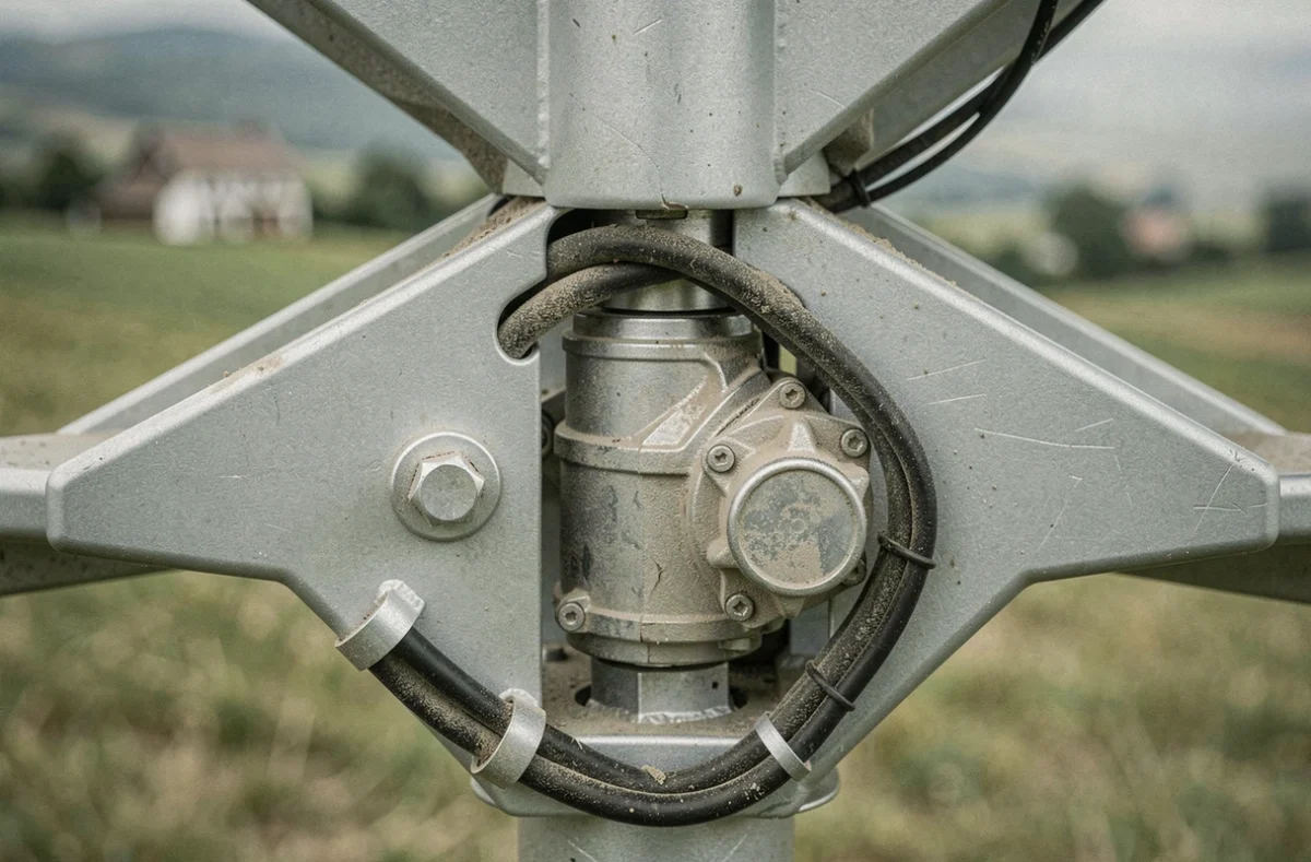Gros plan sur le mécanisme de rotation et le moteur d'un panneau solaire tracker tournesol avec détails techniques visibles