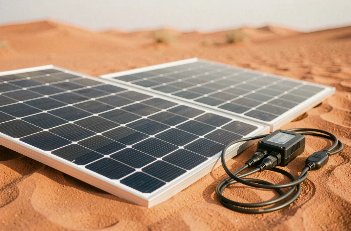 Détail de panneaux solaires monocristallins posés sur le sable du désert avec leurs accessoires de connexion
