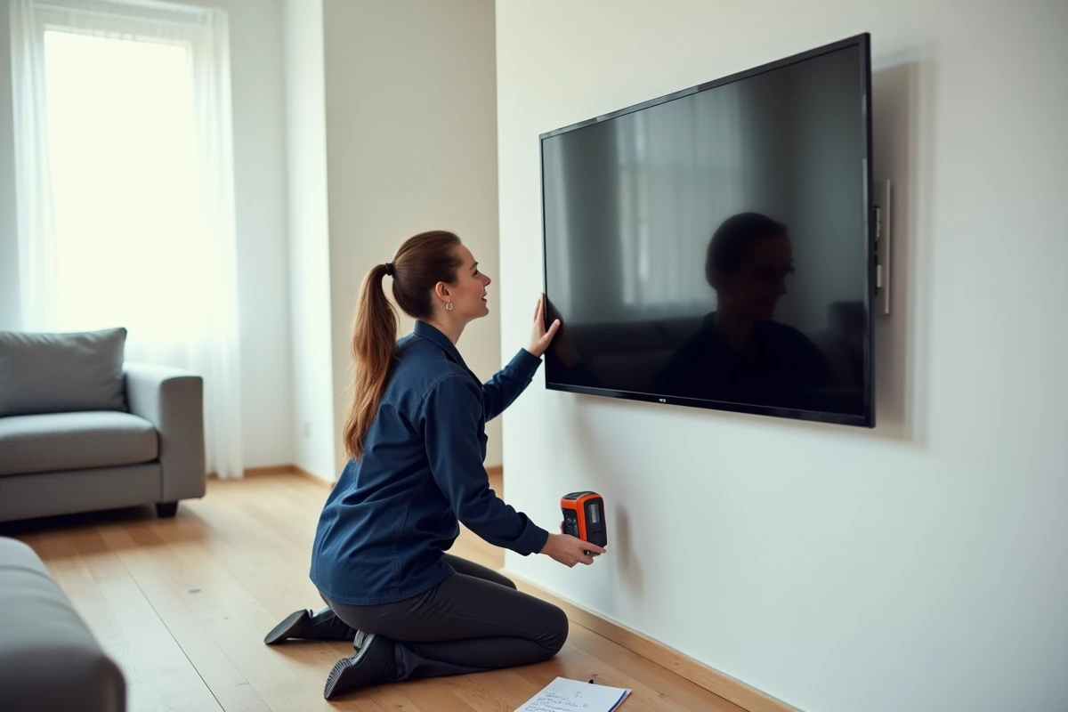 Femme utilisant un détecteur de montants pour localiser les ossatures derrière un mur en placoplatre avant la pose d'une TV