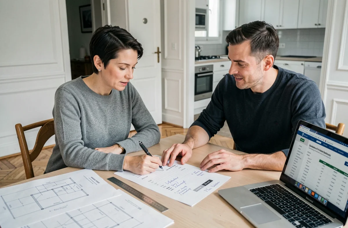 Une femme et un artisan discutant ensemble d'un devis détaillé de travaux posé sur une table avec des annotations manuscrites