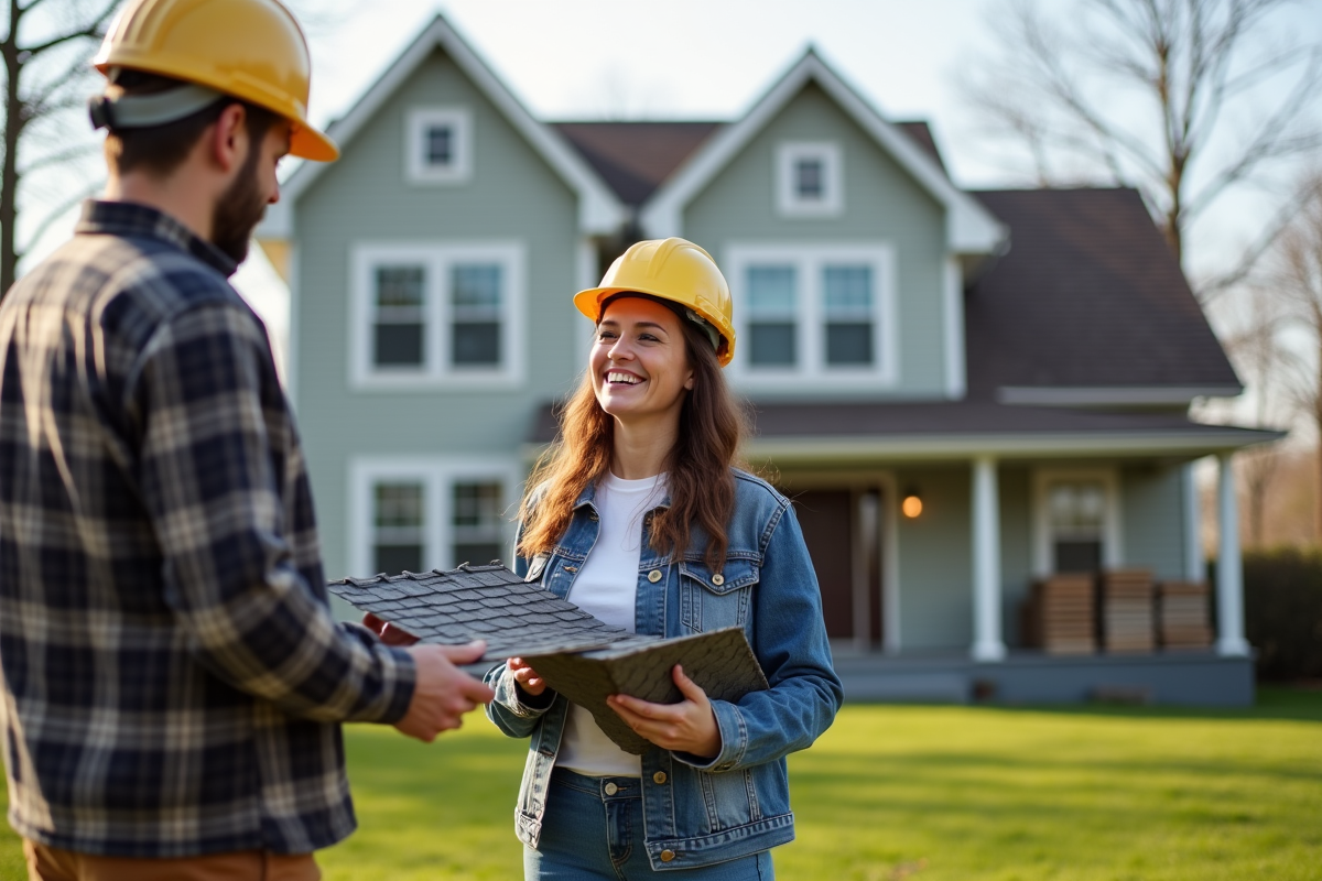 Femme souriante discutant de rénovation de toiture avec un couvreur