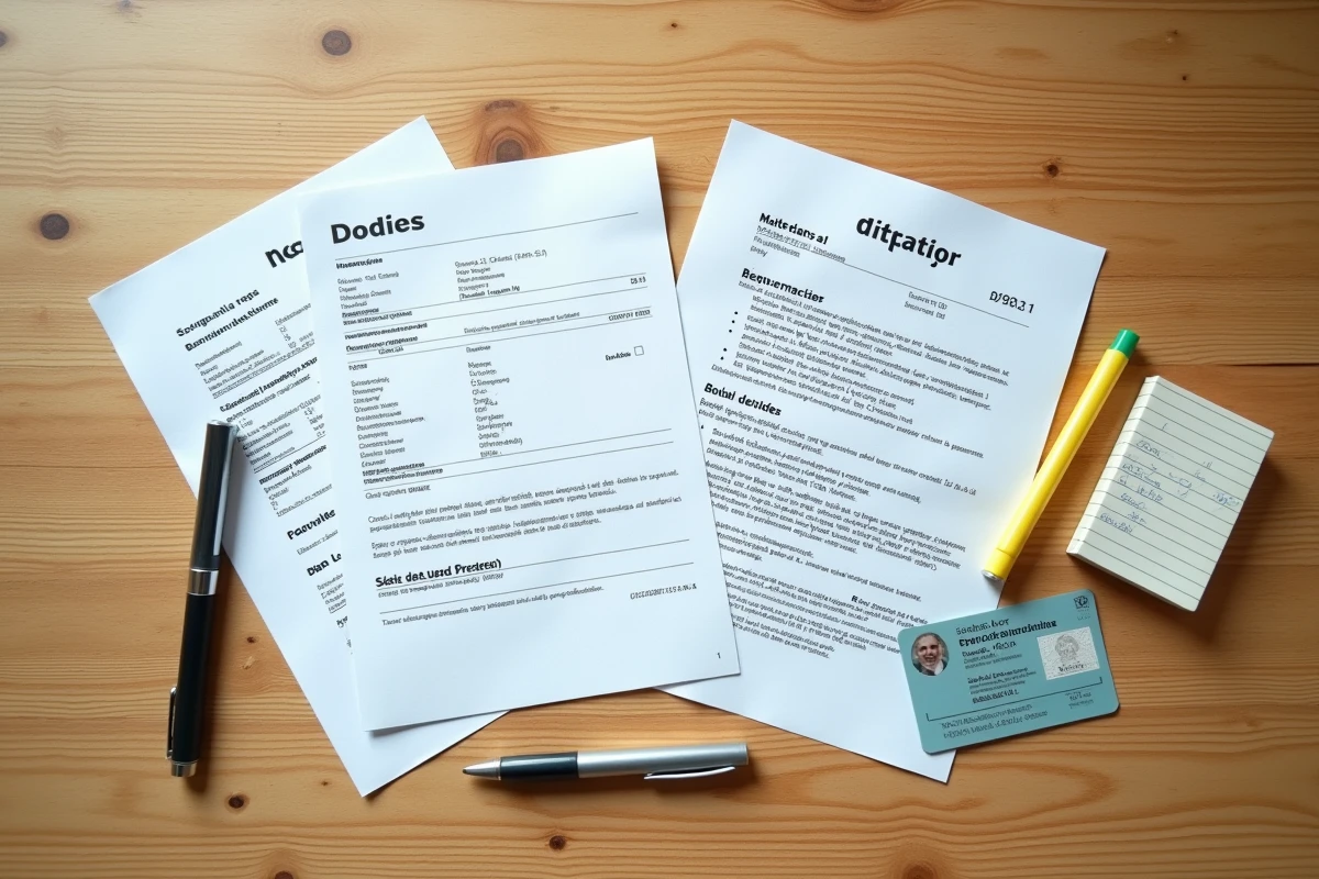 Vue de dessus de documents justificatifs de domicile pour dossier locatif incluant factures et relevé bancaire