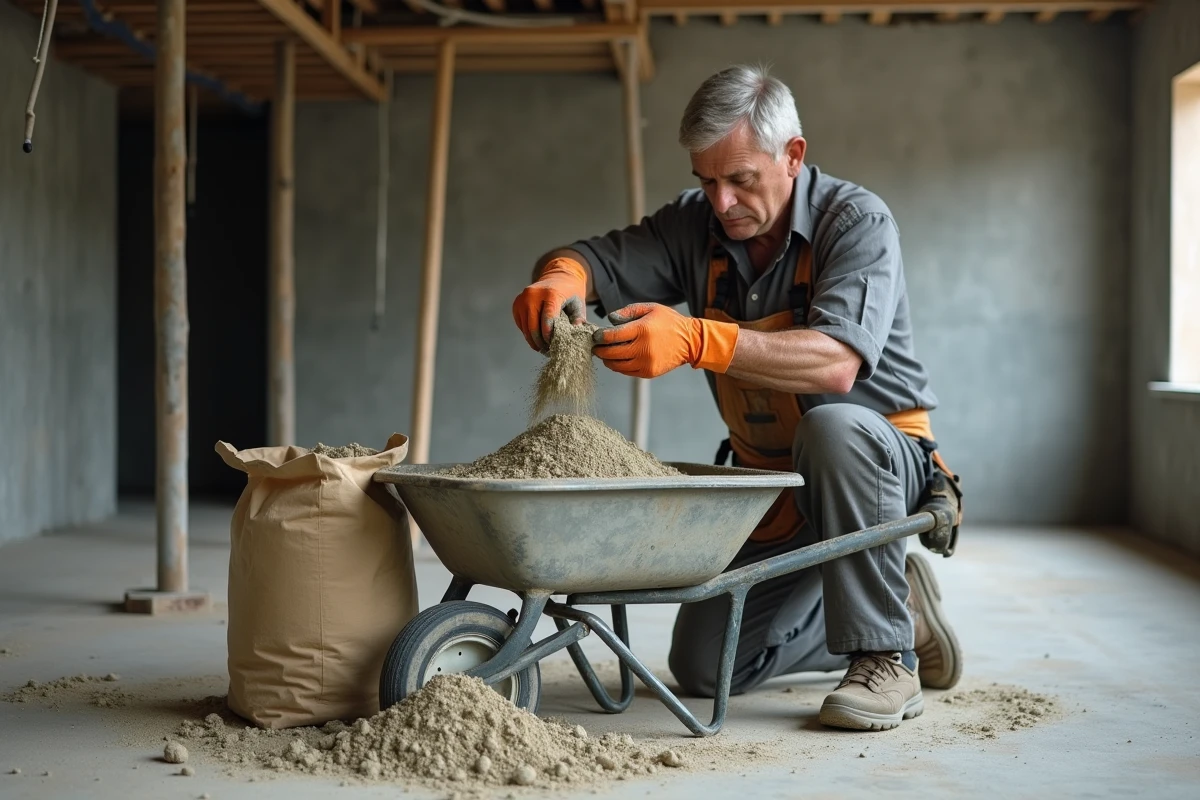 Ouvrier dosant le ciment et le sable pour préparer un mélange pour dalle ou chape sur un chantier de construction