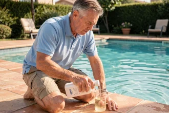 Homme mesurant la quantité de javel dans un verre doseur au bord d'une piscine résidentielle