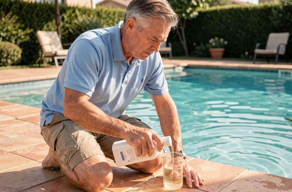 Homme mesurant la quantité de javel dans un verre doseur au bord d'une piscine résidentielle