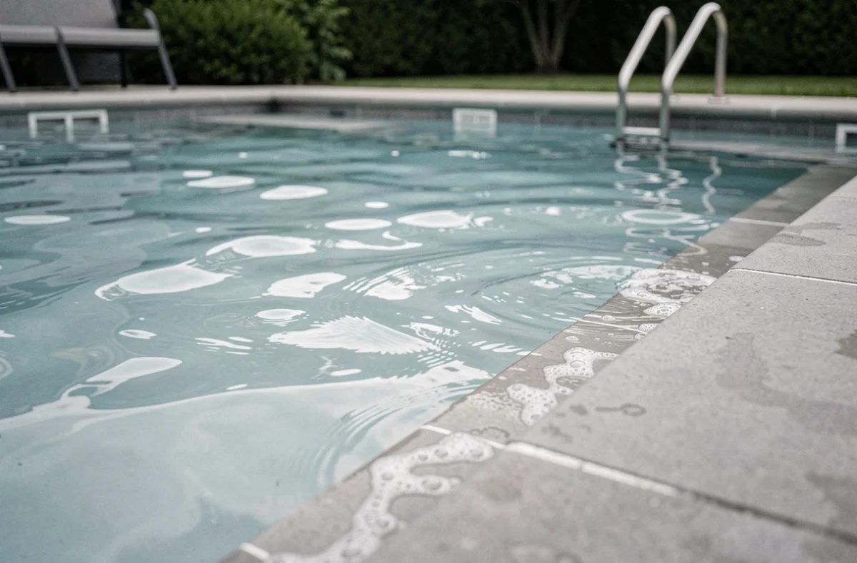Eau de piscine trouble avec dépôts calcaires visibles sur les carreaux indiquant une alcalinité trop élevée