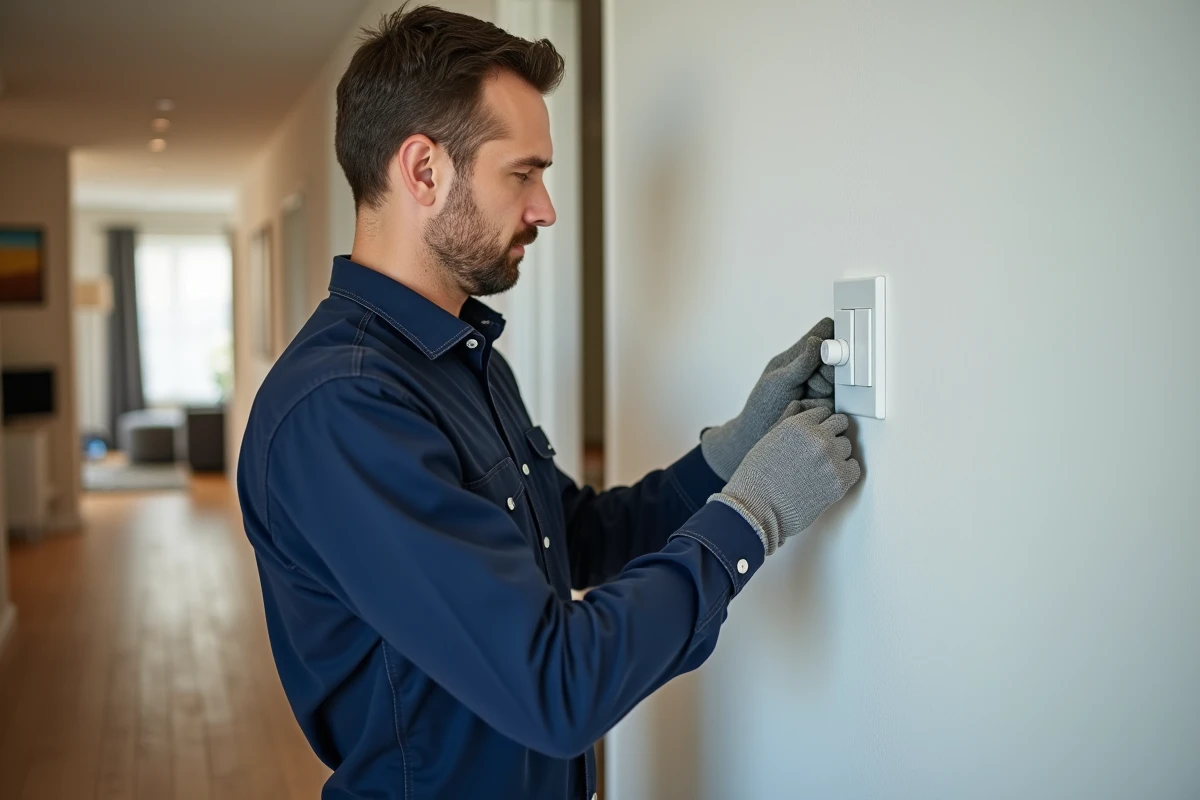 Électricien installant un bouton poussoir blanc sur un mur en plâtre dans un couloir moderne