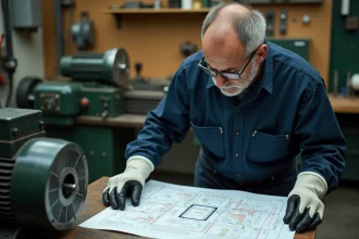 Électricien industriel analysant un schéma électrique 380V pour le câblage d'un moteur de machine-outil en atelier