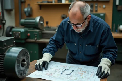 Électricien industriel analysant un schéma électrique 380V pour le câblage d'un moteur de machine-outil en atelier